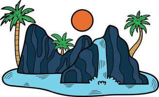 Hand Drawn island and waterfall in flat style vector