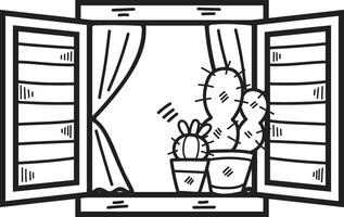 mano dibujado ventana y cactus en plano estilo vector