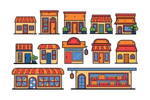 mano dibujado tienda frentes y edificios en plano estilo vector