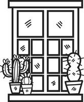 mano dibujado ventana y cactus en plano estilo vector