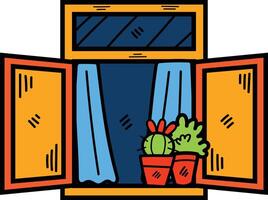 mano dibujado ventana y cactus en plano estilo vector