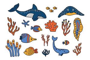 Hand Drawn Set of aquatic animal characters in flat style vector