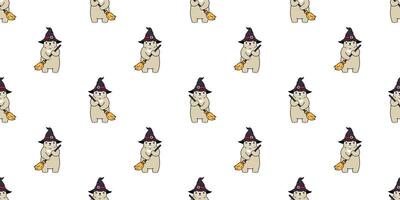 bear seamless pattern Halloween polar bear witch broom hat vector ghost tile background repeat wallpaper scarf isolated cartoon character illustration design