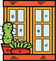 mano dibujado ventana y cactus en plano estilo vector