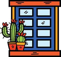 mano dibujado ventana y cactus en plano estilo vector