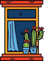 mano dibujado ventana y cactus en plano estilo vector