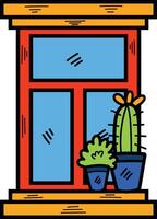 mano dibujado ventana y cactus en plano estilo vector