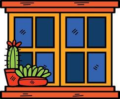 mano dibujado ventana y cactus en plano estilo vector