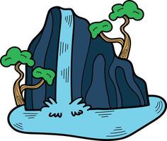 Hand Drawn island and waterfall in flat style vector