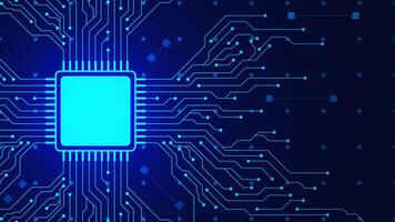 Microchip with circuit board. Central computer processor CPU and motherboard digital chip for modern technology concept background. Vector illustration.