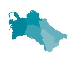 Vector isolated illustration of simplified administrative map of Turkmenistan. Borders of the districts, regions. Colorful blue khaki silhouettes