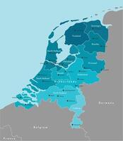 Vector modern illustration. Simplified administrative map of Netherlands in blue colors. Borders with neighboring states Germany, Belgium. Names of the cities and provinces