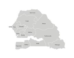 Vector isolated illustration of simplified administrative map of Senegal. Borders and names of the regions. Grey silhouettes. White outline