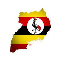 Vector isolated illustration with ugandan national flag with shape of Uganda map simplified including national symbol, grey crowned crane. Volume shadow on the map. White background