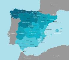 vector moderno ilustración. simplificado administrativo mapa de España y frontera con vecino países. azul antecedentes de mares nombres de Español ciudades y autónomo comunidades