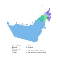 Vector isolated simplified colorful illustration with silhouette mainland of United Arab Emirates, UAE  and emirates borders with names. White background