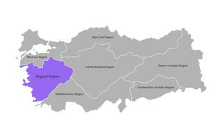 Vector isolated simplified map of Turkey regions. Marked Aegean Region. Borders and names of administrative divisions. Grey silhouettes, White background