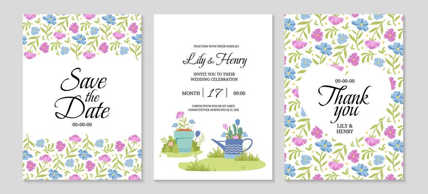 Rustic garden wedding invitation. Spring wedding posters template. Background for greeting cards. Wheelbarrow, watering can and flower pots. Floral pattern. Vector flat illustration.
