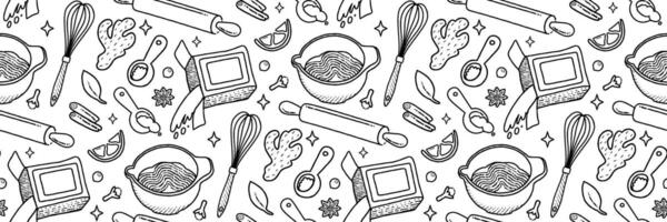 Kitchenware and Cook ingredients outline Pattern. Food icons and elements. Cookbook cute home menu. Pattern for background, printing on wrapping paper, wallpaper or fabric. Cartoon vector illustration