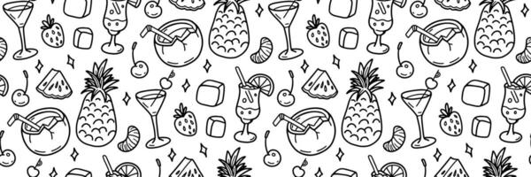 Summer cocktails line Pattern for menu, bar. Drinks and exotic fruits, berries doodle icons. Pineapple, coconut, strawberry, cherry, tangerine. Background for wrapping paper. Vector illustration.