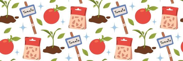 Growing tomatoes seamless pattern. Agriculture farming Items seed, seedlings, sign with inscription. Growing vegetables. Background for textiles, wallpapers, wrapping paper, shops. Vector illustration