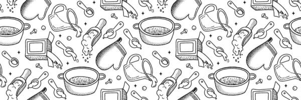 Kitchenware and Cook ingredients outline Pattern. Food icons and elements. Cookbook cute home menu. Pattern for background, printing on wrapping paper, wallpaper or fabric. Cartoon vector illustration