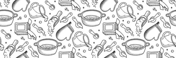 Kitchenware and Cook ingredients outline Pattern. Food icons and elements. Cookbook cute home menu. Pattern for background, printing on wrapping paper, wallpaper or fabric. Cartoon vector illustration