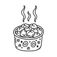 Bowl with meat dumplings. Pelmeni, Dough and meat products. Hot homemade food. National Russian dishes Hand drawn vector doodle illustration. Simple doodle outline style. For food market, logo, shop.