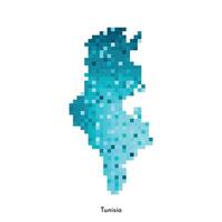 Vector isolated geometric illustration with simple icy blue shape of Tunisia map. Pixel art style for NFT template. Dotted logo with gradient texture for design on white background