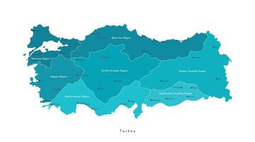 Vector isolated colorful illustration. Simplified administrative geographical map of Turkey. Names of Turkish cities and region. White background.