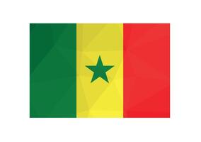 Vector illustration. Official symbol of Senegal. National flag with green, yellow, red stripes and star. Creative design in low poly style with triangular shapes.