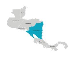 Vector illustration with simplified map of Central America region with blue contour of Nicaragua. Grey silhouettes, white outline of states' border.