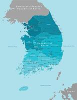 Vector modern illustration. Simplified geographical map of South Korea, Republic of Korea with North Korea on border. Blue background of Yellow sea and Japanese sea. Names of cities and provinces