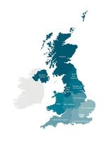 Vector isolated illustration of simplified administrative map of the United Kingdom of Great Britain and Northern Ireland. Borders and names of the regions. Colorful blue khaki silhouettes.