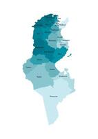 vector aislado ilustración de simplificado administrativo mapa de Túnez. fronteras y nombres de el gobernaciones, regiones. vistoso azul caqui siluetas