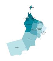 vector aislado ilustración de simplificado administrativo mapa de Omán. fronteras y nombres de el regiones, gobernaciones. vistoso azul caqui siluetas