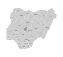 Vector isolated illustration of simplified administrative map of Nigeria. Borders and names of the provinces, regions. Grey silhouettes. White outline.