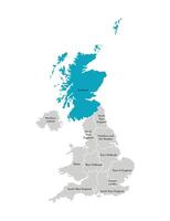 Vector isolated illustration of simplified administrative map of the United Kingdom, UK. Blue shape of Scotland. Borders and names of the regions. Grey silhouettes. White outline.