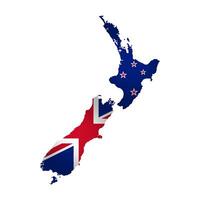 Vector isolated illustration with national flag with shape of New Zealand map simplified. Volume shadow on the map. White background