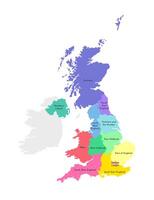 Vector isolated illustration of simplified administrative map of the United Kingdom of Great Britain and Northern Ireland. Borders and names of the regions. Multi colored silhouettes.
