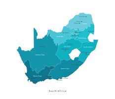 Vector isolated illustration. Simplified administrative map of Republic of South Africa. Blue shapes of regions. Names of the cities and provinces. White background