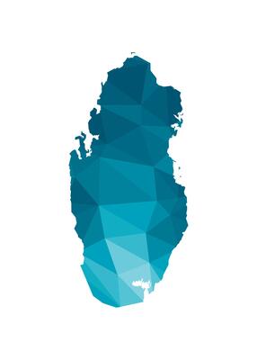 Vector isolated illustration icon with simplified blue silhouette of State of Qatar map. Polygonal geometric style, triangular shapes. White background.