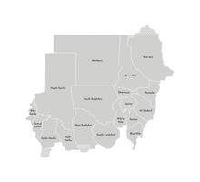 Vector isolated illustration of simplified administrative map of Sudan. Borders and names of the provinces, regions. Grey silhouettes. White outline