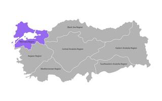 Vector isolated simplified map of Turkey regions. Marked Marmara Region. Borders and names of administrative divisions. Grey silhouettes, White background