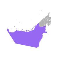 vector aislado simplificado vistoso ilustración con gris silueta de unido árabe emiratos, eau, Violeta contorno de abu dhabi región y blanco contorno de emiratos fronteras blanco antecedentes