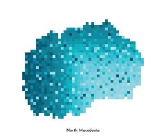 Vector isolated geometric illustration with simplified icy blue silhouette of North Macedonia map. Pixel art style for NFT template. Dotted logo with gradient texture for design on white background