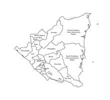 vector aislado ilustración de simplificado administrativo mapa de Nicaragua. fronteras y nombres de el departamentos, regiones. negro línea siluetas