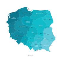 Vector isolated illustration. Simplified administrative map of Poland in blue colors . Names of Polish cities and provinces. White background