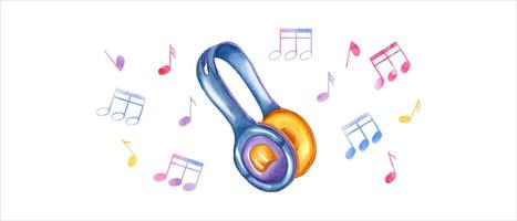 Headphones with musical notes. Yellow blue earphones. Note symbols flying to the sides. Music multicolored note elements. Color watercolor illustration. Nostalgia for the 90s, for party design. vector