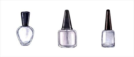 Empty glass bottles for nail polish. As template for manicure design. Cosmetic beauty varnish pack. Watercolor realistic glossy glass with black cap vector